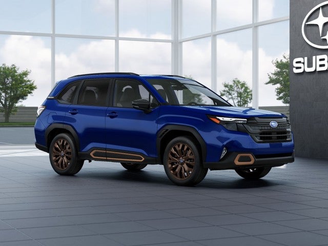 2026 Subaru FORESTER Sport in Sapphire Blue Pearl — front three-quarter view